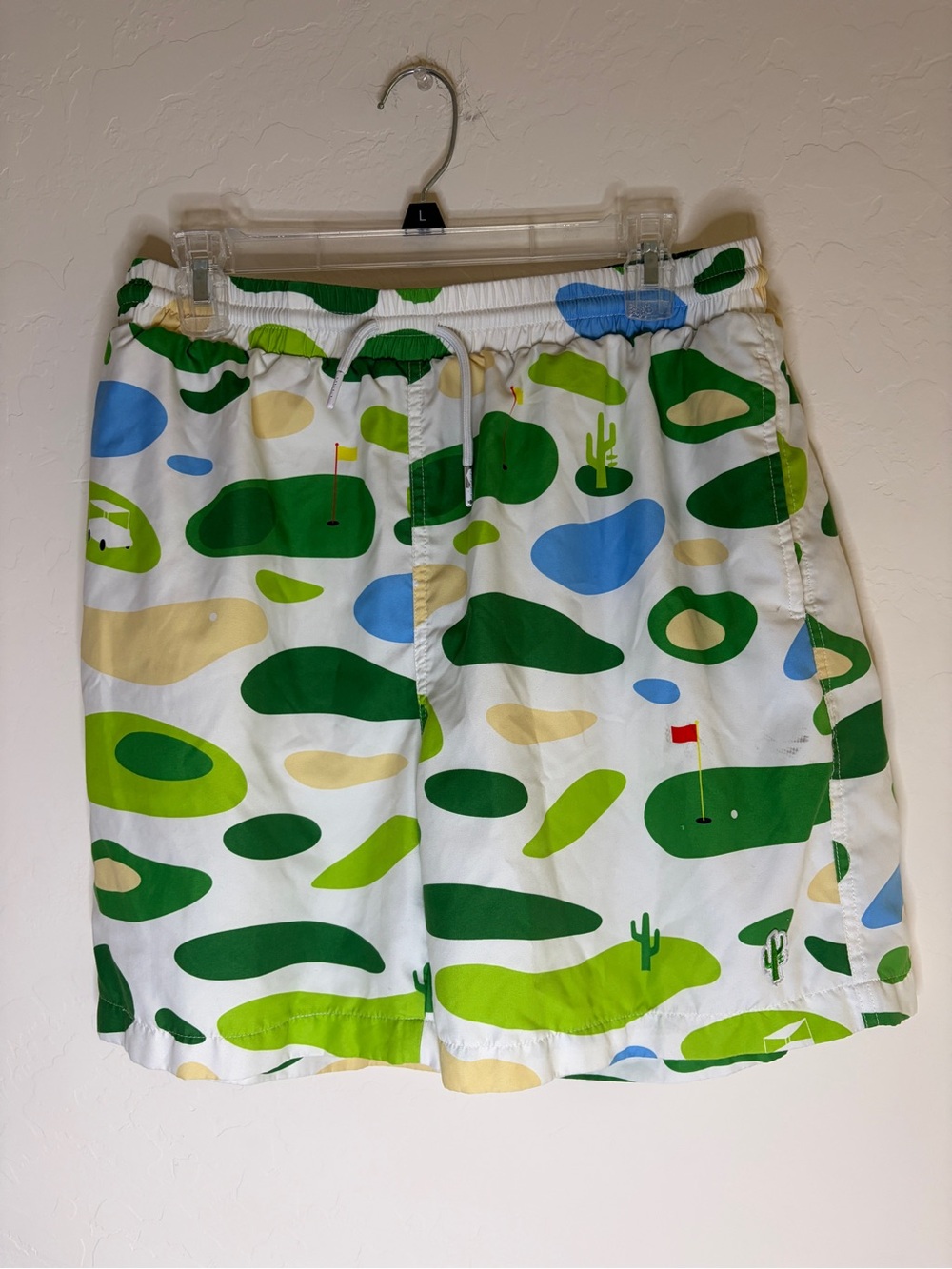 Men's White Swim Trunks with Green & Blue Golf-Style Print
